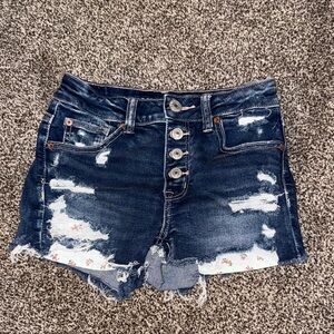 American Eagle Outfitters Dark Blue Distressed Jean Shorts with Flower Pockets